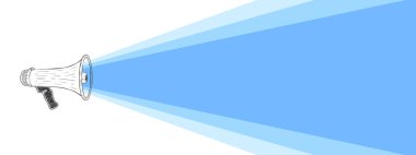 Hoparlör ışığı. Bir ışık demeti ile elle çizilmiş megafon. Vektör illüstrasyonu