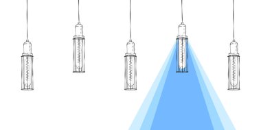 Retro lambadan gelen ışık. Retro lamba bir ışık demeti ile elle çizilmiş. Vektör illüstrasyonu