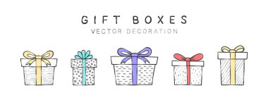 Kurdeleli hediye kutuları. Farklı dokuları olan el çizimi hediye kutuları. Dekor elementleri çiziyor. Vektör illüstrasyonu