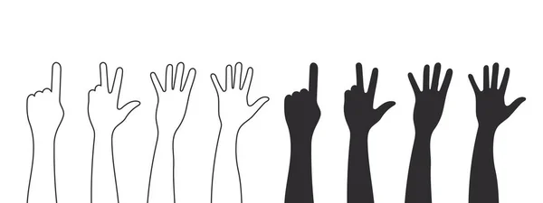 Silhouettes Hands Raised Hands Teamwork Collaboration Voting Volunteering Concert Vector — Vector de stock