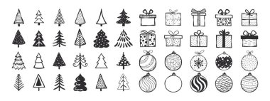 Noel tasarım unsurları. Basit noel simgeleri. Xmas işaretleri. Noel süsleri. Vektör simgeleri