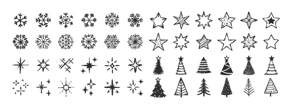 Ícones Floco Neve Árvore Estrelas Ícones Natal Simples Sinais Natal —  Vetores de Stock