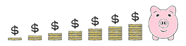 貯金箱と硬貨 硬貨の階段 手描きの画像 ベクターイラスト — ストックベクタ