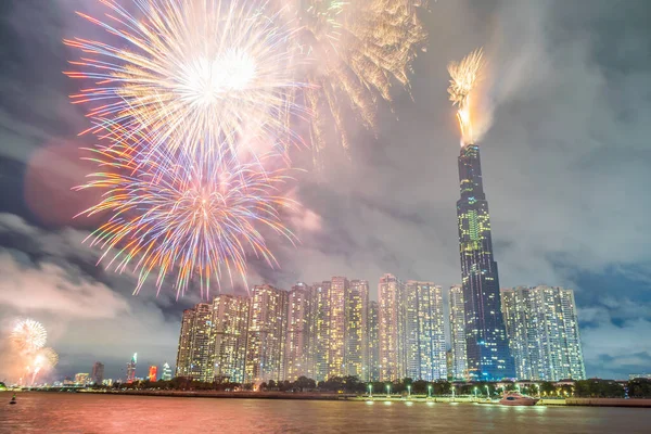 Fireworks on the riverbank of Saigon city, Vietnam