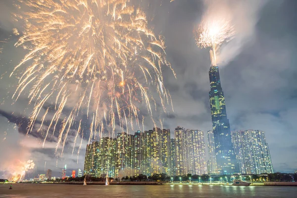 Fireworks on the riverbank of Saigon city, Vietnam