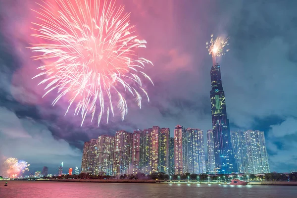 Fireworks on the riverbank of Saigon city, Vietnam