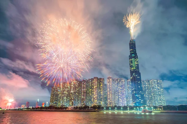 Fireworks on the riverbank of Saigon city, Vietnam