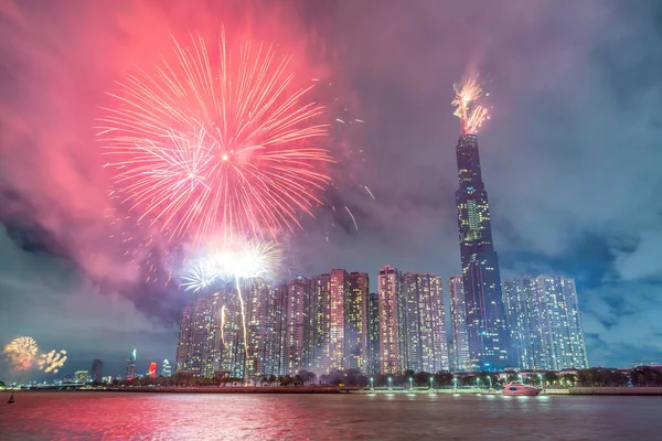 Fireworks on the riverbank of Saigon city, Vietnam