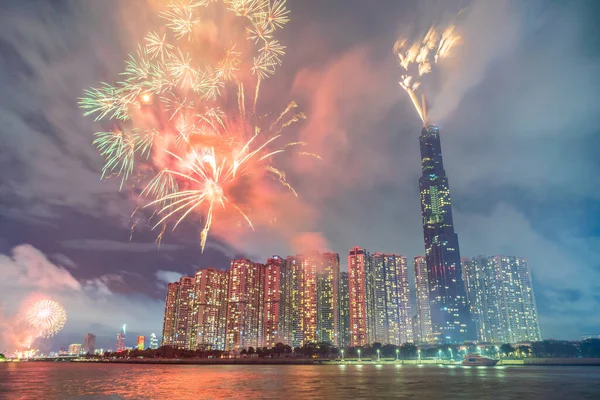 Fireworks on the riverbank of Saigon city, Vietnam