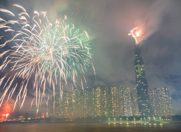 Fireworks on the riverbank of Saigon city, Vietnam