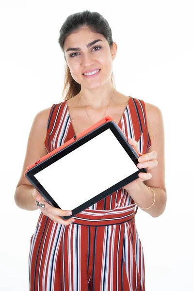 Mulher Negócios Segurando Tablet Computador Com Branco Vazio Tela Branca — Fotografia de Stock