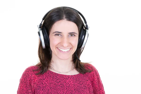 Χαρούμενο Κορίτσι Έφηβος Χαμόγελο Γυναίκα Ακουστικά Στο Κεφάλι Θετικό Τραγούδι — Φωτογραφία Αρχείου