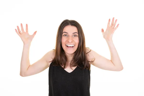Женщина Руки Вверх Удивленный Портрет Молодой Довольно Веселый Счастливая Женщина — стоковое фото