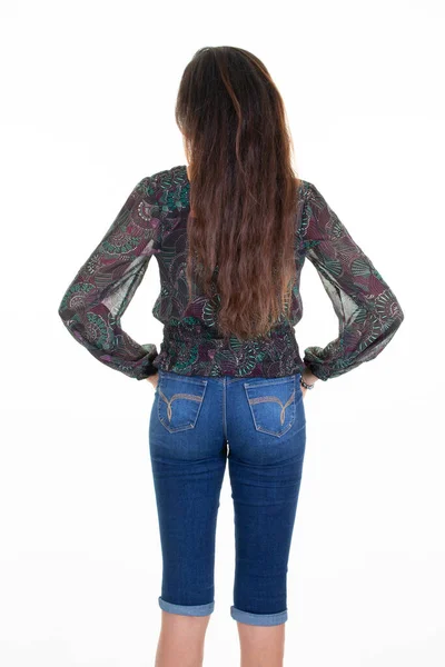 Detrás Vista Trasera Joven Morena Mujer Jeans Azul Delgado Moda — Foto de Stock