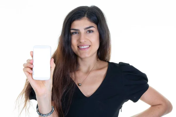 Sonriente Joven Pantalla Vacía Aplicación Teléfono Inteligente Blanco Aislado Sobre —  Fotos de Stock