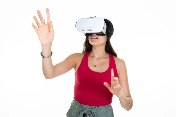 Mujer Usando Auriculares Gafas Realidad Virtual Manos Aires Sobre Fondo —  Fotos de Stock