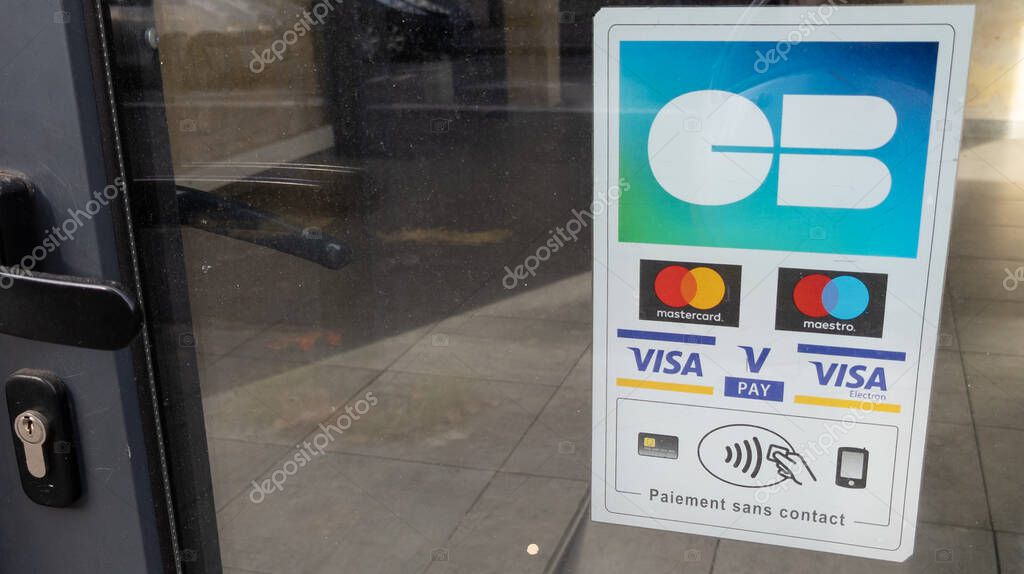 Bordeaux , Aquitaine France - 11 11 2021 : CB mastercard visa maestro electron pay sign text and brand logo of shop accepted credit cards displayed in front of store