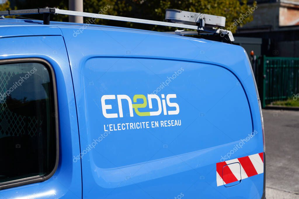 Montpellier , occitanie France - 11 20 2021 : ENEDIS edf logo brand and text sign on blue panel van truck of french electricity provider distribution company
