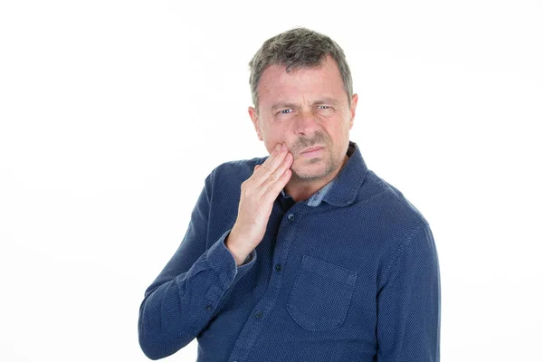 Sick Man Suffering Hand Cheek Has Toothache Isolated White Background — Stock Photo, Image