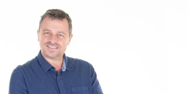 Retrato Bonito Homem Branco Fundo Sorrindo Lado Espaço Cópia Cabeçalho — Fotografia de Stock