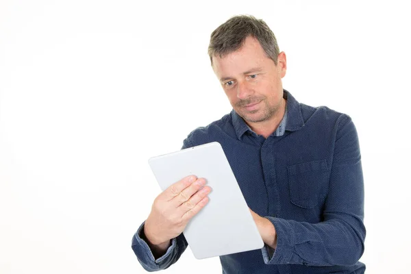 Man Van Middelbare Leeftijd Casual Blauw Shirt Met Behulp Van — Stockfoto