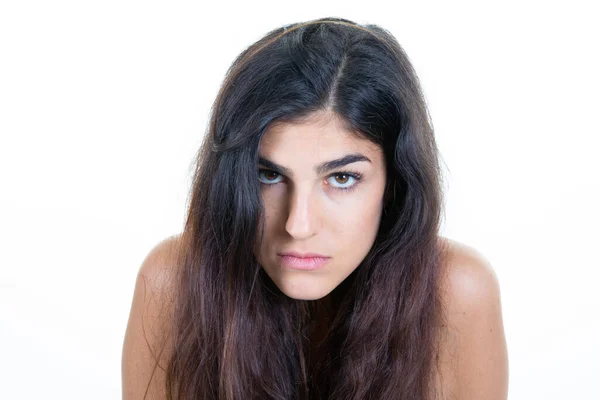 Retrato Triste Mujer Joven Seria Posando Sobre Fondo Aislado Blanco — Foto de Stock