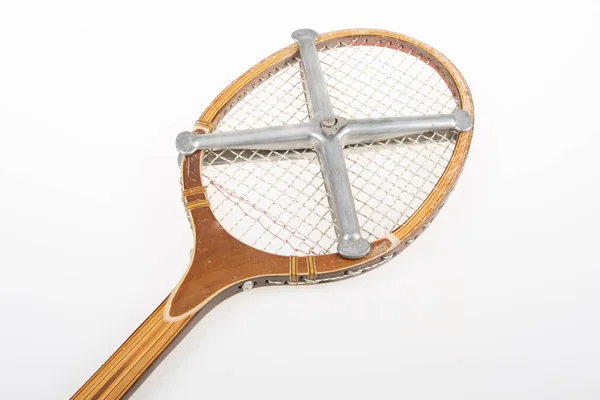 Velho Quadro Deformação Raquete Tênis Madeira Caixa Aço Vintage — Fotografia de Stock