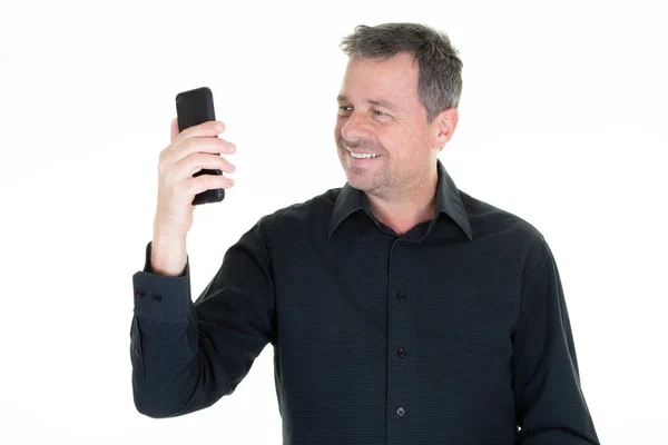 Bell Uomo Sorridente Che Selfie Smartphone Con Cellulare Sfondo Bianco — Foto Stock