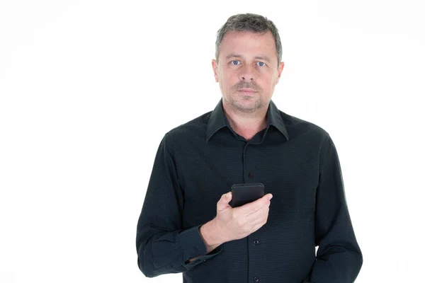 Knap Man Van Middelbare Leeftijd Portret Met Mobiele Telefoon Zijn — Stockfoto