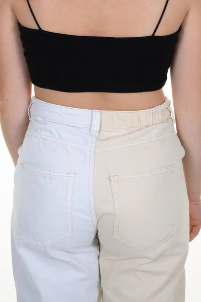 Pantalones Con Pierna Dividida Diverso Color Vista Trasera Chica — Foto de Stock