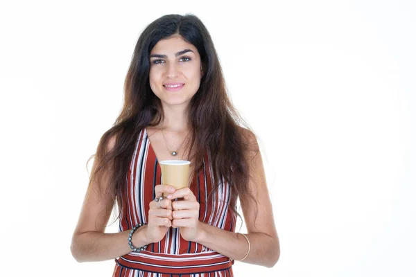 Mooie Vrouw Met Kopje Koffie Hand Opzij Kopieerruimte — Stockfoto
