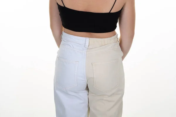 Pantalones Mujer Nalgas Traseras Con Diferentes Patas Colores Pantalón Jean — Foto de Stock
