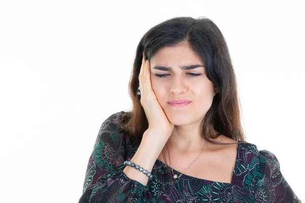 Woman Face Young Brunette Pain Having Headache Hand Cheek Head — Fotografia de Stock