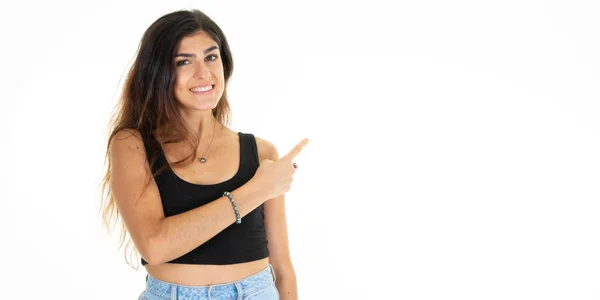 Young Smiling Cute Woman Pointing Right Side Hand Finger Copy — Fotografia de Stock