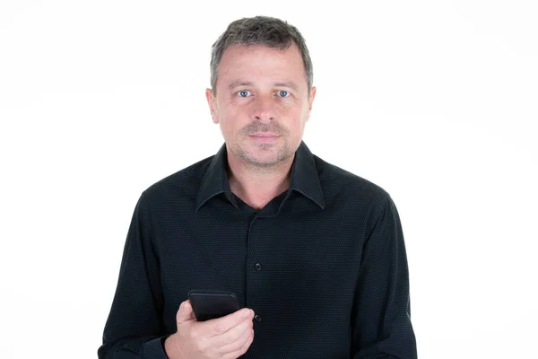 Middle Aged Man Portrait Phone Holding Cellphone His Hand White — Zdjęcie stockowe