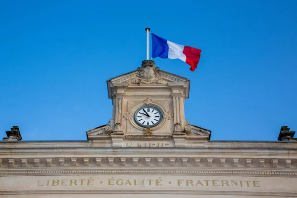 French Tricolor Flag Mairie Liberte Egalite Fraternite France Text Building — Zdjęcie stockowe