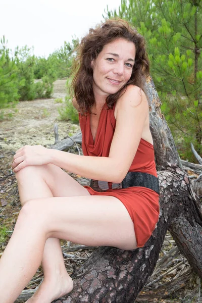 Beautiful Year Old Brunette Woman Middle Aged Sit Tree Branch — Foto Stock