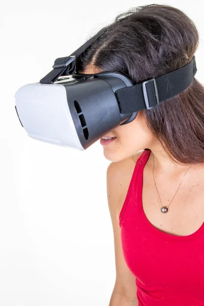 Woman Metaverse Using Virtual Reality Headset Modern Future Gadgets Technology — Zdjęcie stockowe