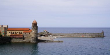 Collioure panorama sea coast harbor city with Notre-Dame-des-Anges church Lady of the Angels