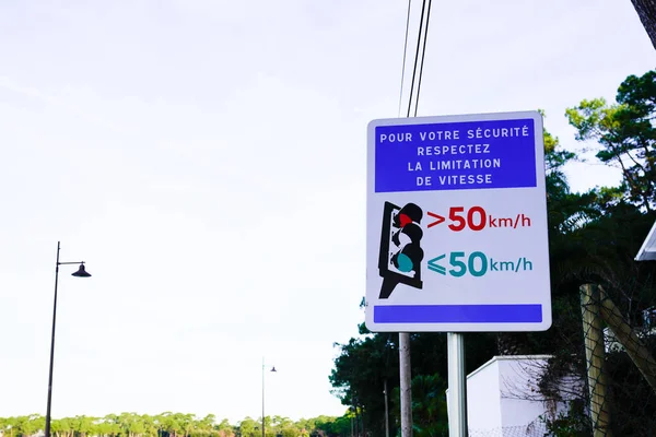 Traffic Light Speed Limit Road Sign Panel Radar Enforced French — стоковое фото