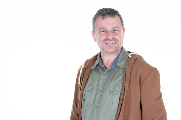 Homme Souriant Avec Gilet Capuche Posant Isolé Sur Fond Blanc — Photo