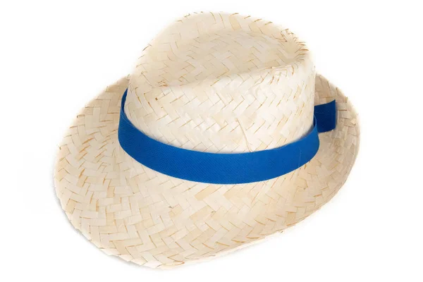 Straw Hat Single Blue Ribbon Isolated White Background — Stock Photo, Image