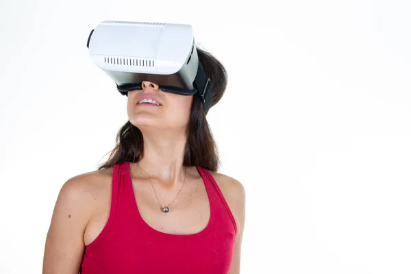 Mujer Joven Que Usa Gafas Metáforas Auriculares Realidad Virtual Sobre —  Fotos de Stock