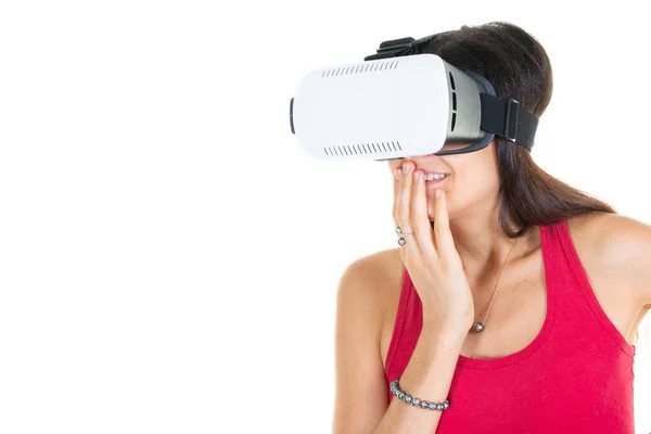 Gafas Realidad Virtual Usadas Por Una Mujer Con Mano Sobre —  Fotos de Stock