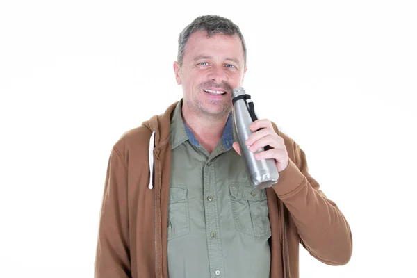 Middle Aged Man Smiling Drinking Holding Reusable Steel Bottle Looking — Stock Photo, Image