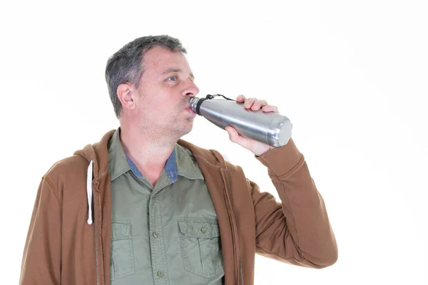 Man Handsome Profile Drinking Water Reusable Steel Thermo Bottle White Stock Image