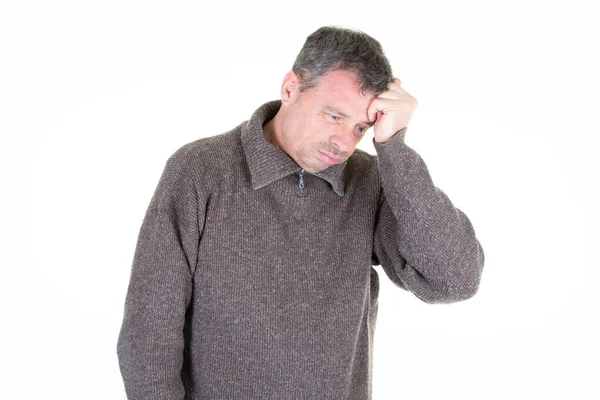 Man Hand Forehead Suffers Headache — Stock Photo, Image