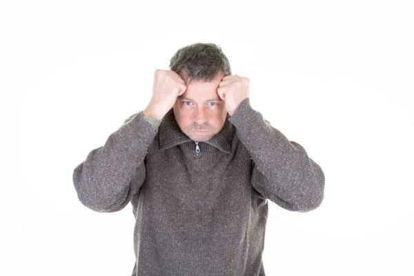 Man Two Hands Forehead Suffers Headache — Stock Photo, Image