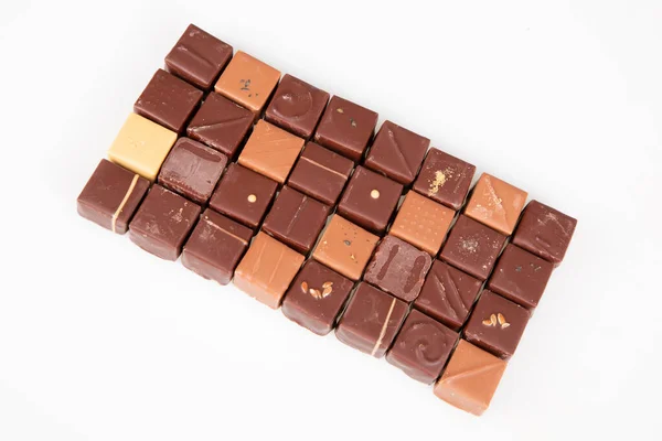 Sortimento Variedade Doces Chocolate Artesanal Finos Pralinos Vista Superior Plana — Fotografia de Stock