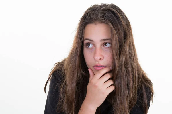 Pensive Mooi Brunette Jonge Vrouw Kijken Kant Met Handen Kin Stockafbeelding